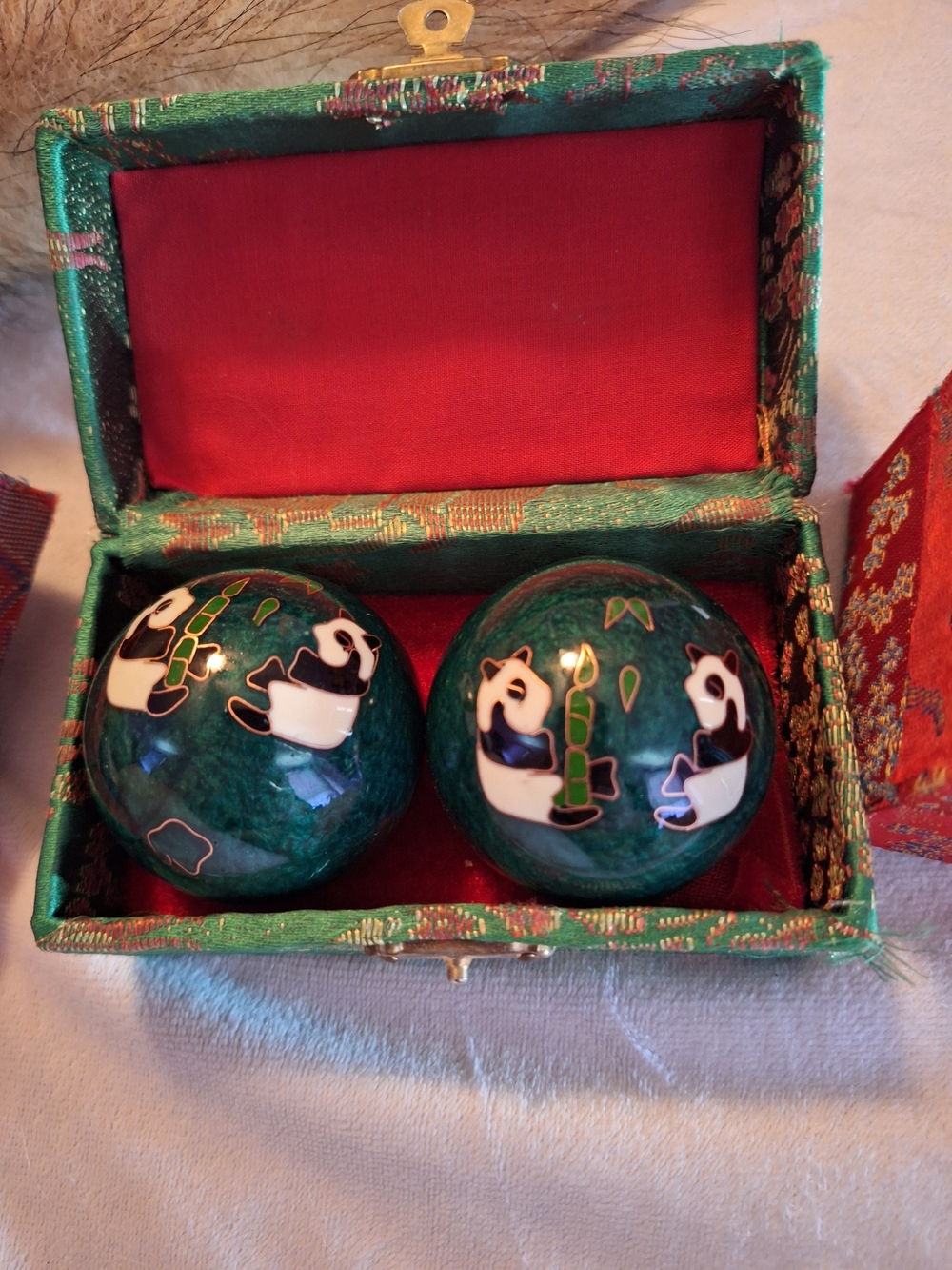 Green Cloisonné Panda Baoding Massage Balls